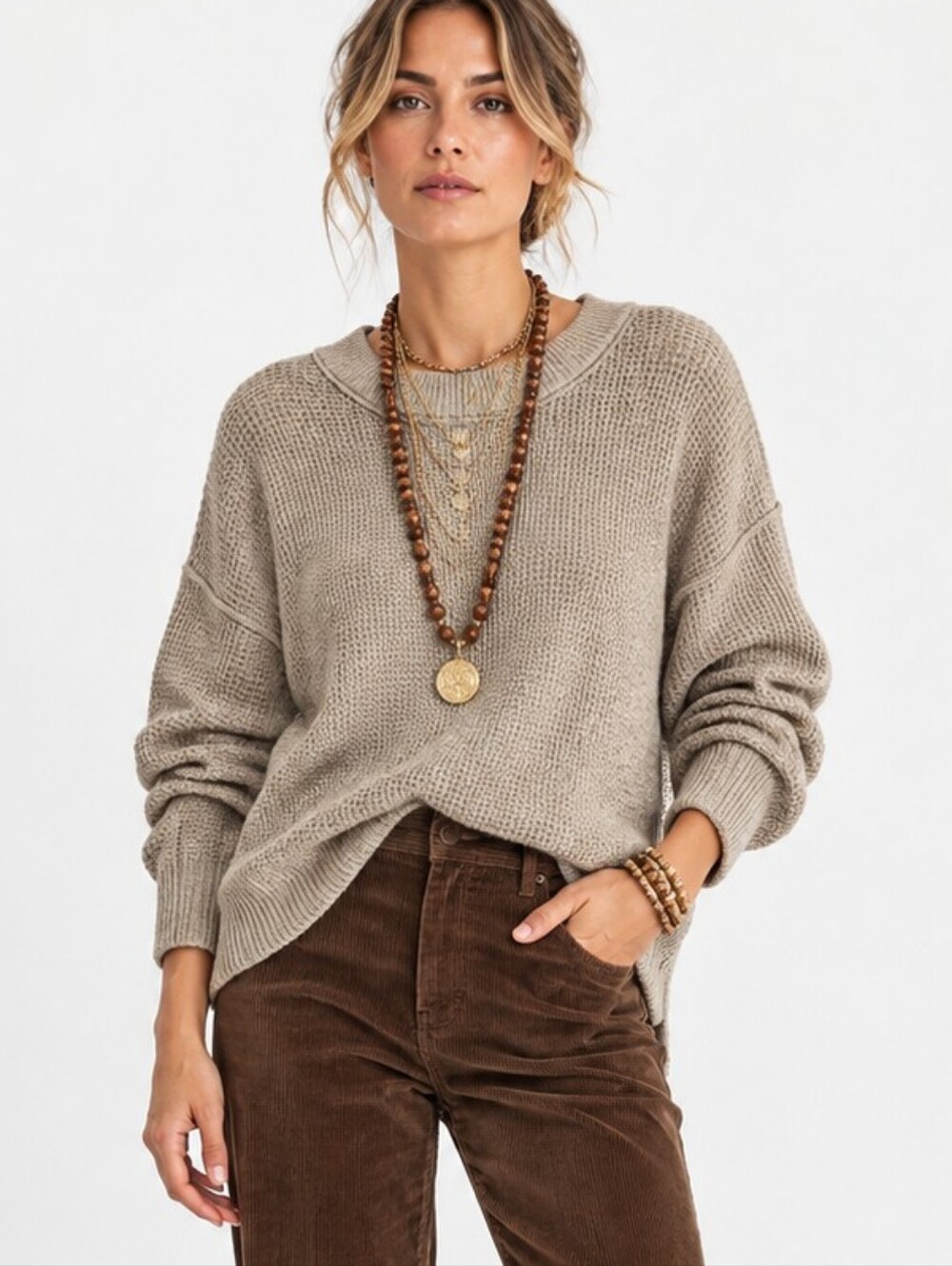 Aerie Waffle Knit Oversized Tan Cotton Blend Sweater